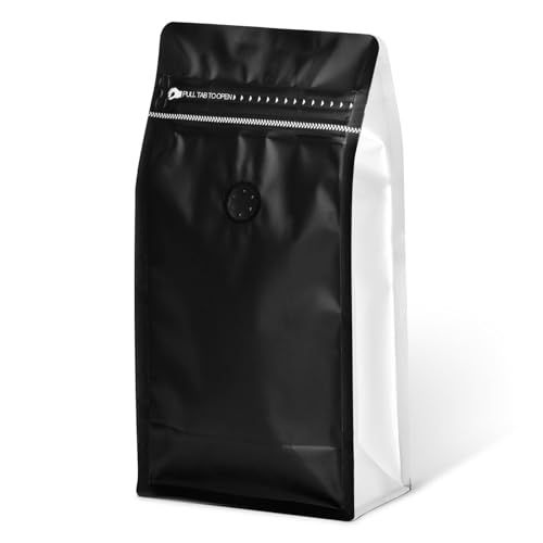 ODDIER 60-Pack 16oz Coffee Bags with Valve - High Barrier Aluminum Foil Flat Bottom Heat Sealed Side Zipper Resealable Storage Bags for Coffee Beans, Tea, Nuts, Snacks - Black+White