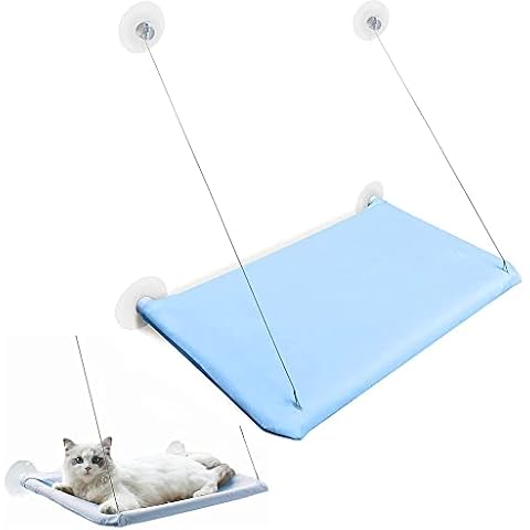 Cat Window Seat, Cat Hammock, Cat Window Perches, Cat Window Hammock Perch, Cat Hammock Window, 4 Big Suction Cups Holds Up 15kg, Space Saving and Safety Mounted Cat Bed, for Indoor Cats, Blue Cover