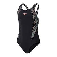 Speedo Mädchen Girls Boom Logo Splice Muscleback Badeanzug, Black/Country Green/Nectarine, 7-8 Jahre EU