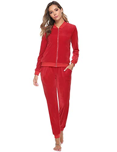 Akalnny Women Casual Basic Velour Sweatsuit Set Zip Up Hoodies and Pants Sports Suits Tracksuits Red