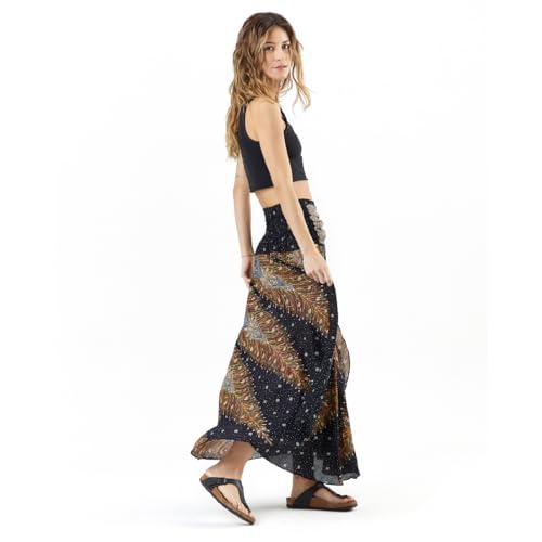 Happy Trunks Long Skirts for Women/Boho Clothes for Women – Maxi Skirt Hippie Gypsy Bohemian Floral Printed, Black Peacock, Large-X-Large