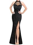 VFSHOW Womens Elegant Halter High Slit Formal Wedding Guest Maxi Long Dress 2023 Prom Sweetheart Neck Applique Glitter Evening Gown (Black, Small) 10620 BLK S