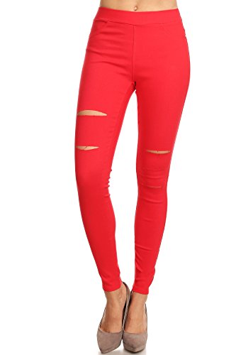 Jvini Women's Pull-On Ripped Distressed Stretch Legging Pants Denim Jean (Small, Red)