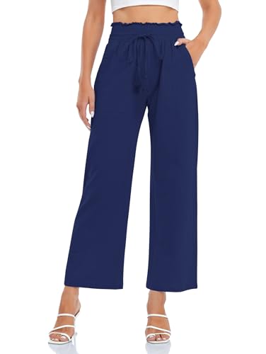Famulily Sommerhose Damen Leicht Yogahose Lang Weites Bein Baumwolle Baggy Hose High Waist Blau M