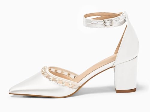 Coutgo Womens Pearl Chunky Heels Wedding Shoes for Bride Closed Pointed Toe Ankle Strap Satin Pumps, White, Size 7.5 by Coutgo - Used condition - Image 2