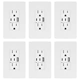 TOPGREENER 5.0A USB Outlet with 15Amp Duplex Tamper-Resistant Receptacles, USB Type-A, 2 USB Type-C, USB Charger, TU2155AC2-WSID6P, White, Screwless Wall Plate Included, 6 Pack