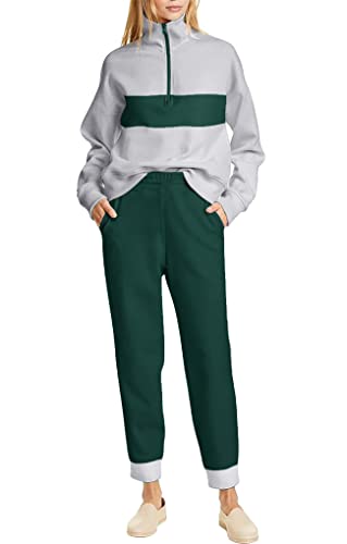 Ekouaer Fall Sweatsuits Set Women 2 Piece Tracksuit Sets Long Sleeve Half-Zip Pullover Sweatshirt Jogger Pants Set, Deep Green X-Large #TOP1
