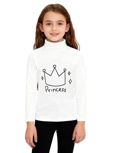 Manyakai Kids Girls Long Sleeve Base Layer Thermal Shirts Top High-Neck Cute Line Pattern Print Fleece Pullover Top White B 5-6 Years