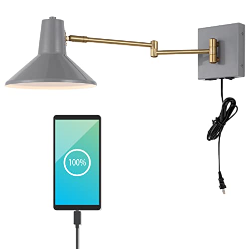 Image of JONATHAN Y 16 inch Grey /Brass Gold 1-Light Modern Swing Arm Sconce with USB Port, Plug-in Midcentury LED Bedside Lamp with White Iron Shade for Bedroom Living Room (JYL1302C)
