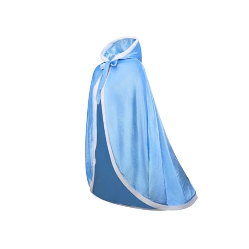 visofayo Hooded Princess Cape, Sky Blue Velvet, Long Length Costume Cloak with Bow, Cosplay Party Wear (Blue, Medium)