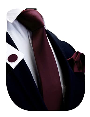 Gusleson Men's Maroon Tie Sets Solid Wine Ties for Men Wedding Silk Necktie With Cufflinks and Pocket Square (UK0789-27)