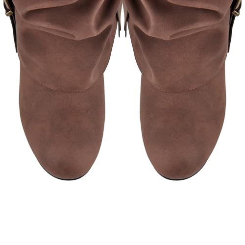 Richealnana Women‘s Fold Over Slouch Knee High Ruched Boots Block Heel Buckles Wide Calf Booties Round Toe Slip On Fashion Boot Brown US 9.5 by Richealnana - Used condition - Image 2