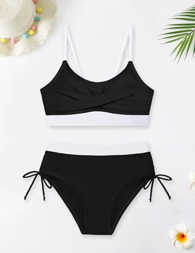Image of Gaupafmb Girls Bikini 3PCS Swim Sets Color Block Crop Top Briefs with Shorts for 7-16 Years