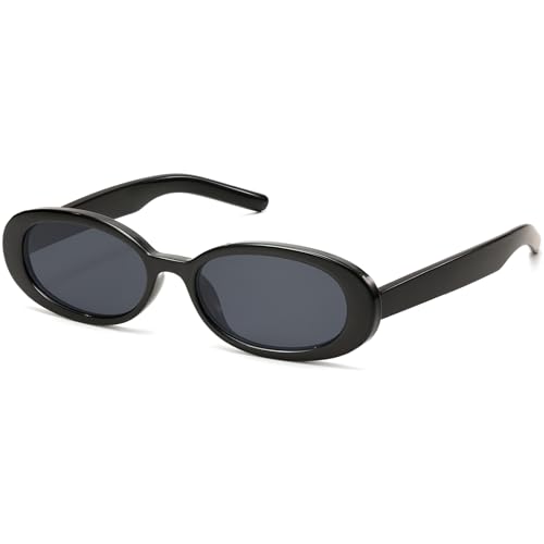 Oval Sunglasses for Women Men Vintage Retro Small 90s Style Trendy Sun Glasses Black