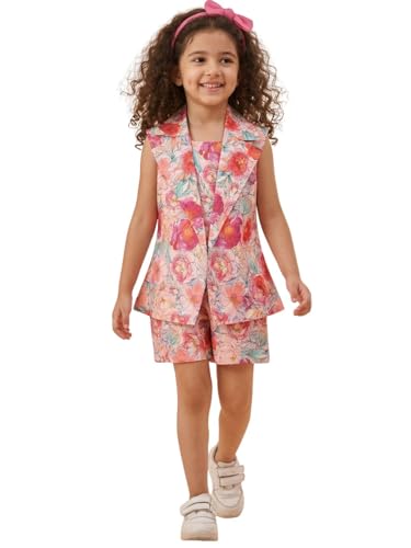 Image of AJ DEZINES Kids Clothing Floral Printed Pure Cotton Top Shorts With Jacket Cord Set for Girls