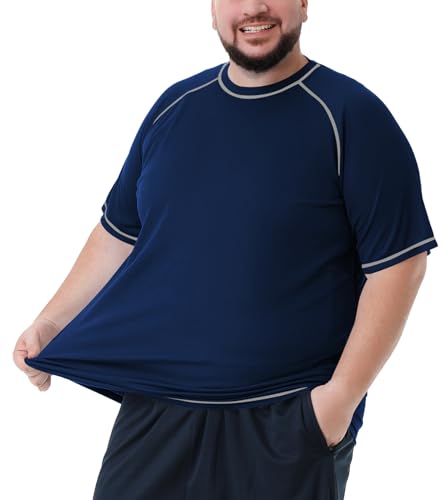 Idtswch Men's Large Sizes Plus Size Swimming Shirt Rash Guard Men's Protection Beach T-Shirt Short Sleeve, navy, 7XL