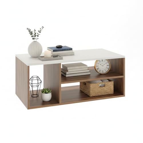 Image of FURNEASER Medina Modern Engineered Wood Coffee Table with Open Storage Shelves | Wooden Center Table for Living Room, Sofa Area & Lounge | Multipurpose Tea Table with Storage (Exotic Teak & White)