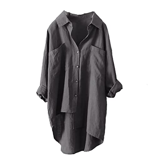 [Big laugh] [ ビッグラフ ] ｔシャツ 七分袖 ゆったり トップス ドロップ ショルダー 襟 ボタン サテン 綿 麻 風 半袖 レディース (グレー, 2XL) - Big laugh - 商品画像