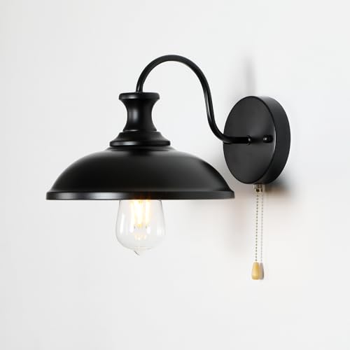 Image of Industrial Black Wall Sconce Light, Vintage 1-Light Switch Farmhouse Wall Lamp, Pull Chain Wall Sconce Lighting for Bedroom Bathroom Kitchen Hallway Living Room (Black 02)
