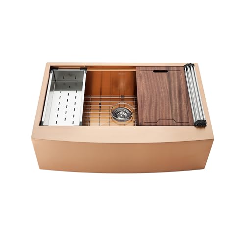 Tourner 33 x 22 Stainless Steel, Single Basin, Farmhouse Kitchen Workstation Sink with Apron in Rose Gold by Swiss Madison - Used condition - US$253.56