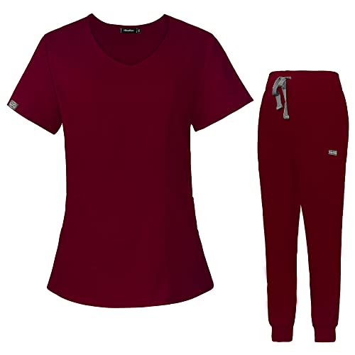 niaahinn Scrub Set for Women Solid Colors Nursing Uniforms Classic V-Neck Scrub Top & Jogger Scrub Pants (Burgundy,S,Small)