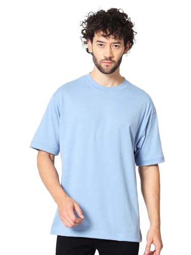 Image of crazymonk Oversized Baggy Fit Drop Shoulder Half Sleeves Round Neck Solid Pure Cotton T-Shirt for Men