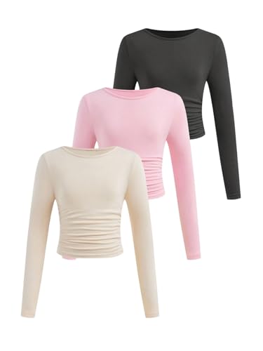 SOLY HUX Girl's Long Sleeve T Shirts 3 Packs Crewneck Fall Tees Ruched Fitted Tee Shirt Tops Dark Grey Pink Apricot 12Y