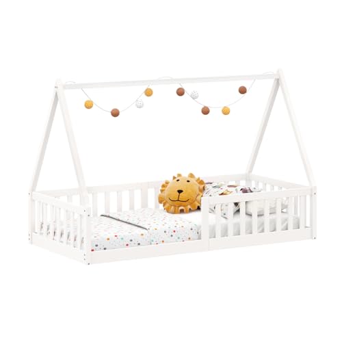 Cama Infantil Madeira Branco Grade Montessori Casinha de Chão Nicolas