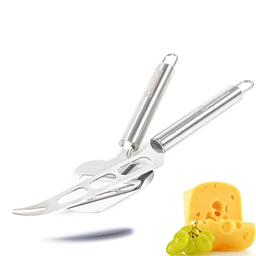 Kerafactum Cortador de queso y cuchillo de queso en juego de acero inoxidable adecuado para queso duro, corte de queso como un cuchillo rallador, mango redondo para regalar, planificador de queso,
