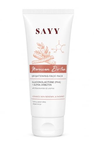 Image of SAYY Moroccan De-Tan Brightening Face Pack with Gluconolactone (PHA), Alpha Arbutin, Niacinamide & Licorice Extract | Skin Brightening Face Mask for Tan Removal, Uneven Skin Tone & Radiant Glow | Suitable for All Skin Types | 100g