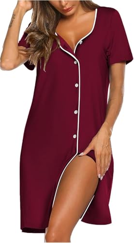 Ekouaer Damen Nachthemd, Kurzarm, V-Ausschnitt, Knopfleiste, Weinrot, M