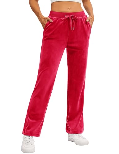 TACVASEN Womens Velvet Sweatpants with Pockets Velour Elastic Waist Warm Athletic Pants Winter Drawstring Tomato Red L
