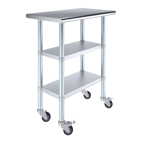 Image of AmGood Stainless Steel Work Table with 2 Shelves and Casters | Metal Utility Table On Wheels (Stainless Steel Work Table with 2 Shelves + Casters, 30 inch Long x 18 inch Deep)