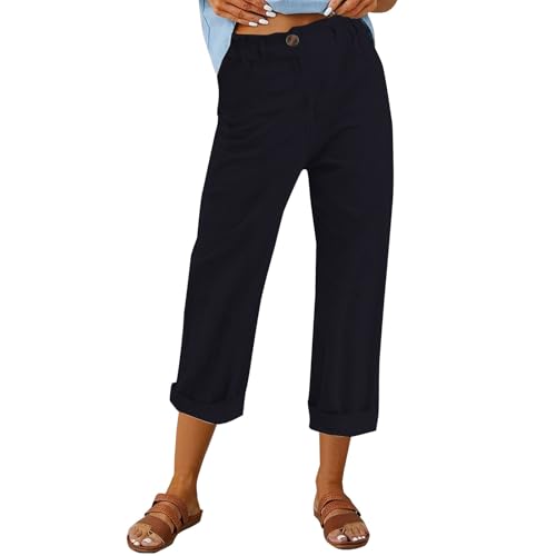 Capri Pants for Women Cotton Linen Straight Wide Leg Capris Casual Summer 2025 Loose Elastic High Waist Cropped Trouser