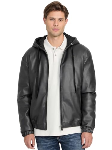 Amazon.com: Guess Mens Yeray Pu Hoodie Jacket, Jet Black Multi
