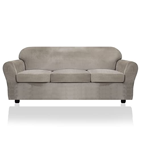 Festicorp Velvet Sofa Cover, Couch Covers For 3 Cushion Couch Sofa Slipcovers For Sofas With 3 Cushions, Stretch 4 Piece Couch Cover, Thick Furniture Covers For Dogs Pets, Sofa, Taupe #TOP26
