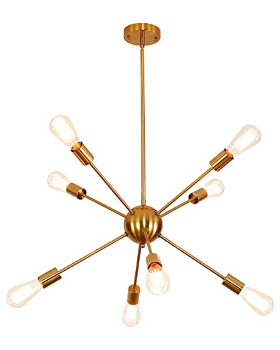 Pindodo Sputnik Chandeliers 8 Lights Gold Ceiling Light Modern Chandeliers Adjustable Height Brass Pendant Lighting For Dining Room Bedrooms Living Room Kitchen #TOP2