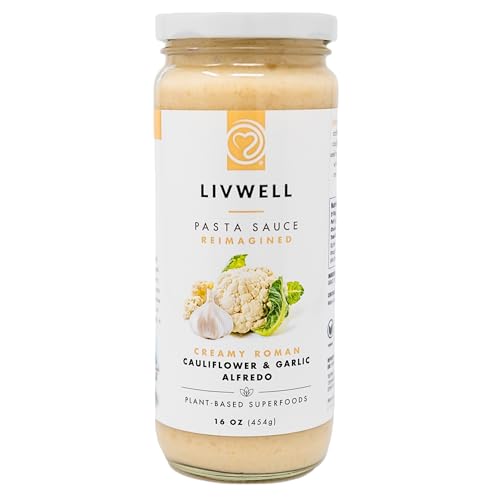 LIVWELL Dairy-Free Cauliflower Pasta Sauce – Plant Based Vegan Alfredo Pasta Sauce with Cauliflower, Roasted Garlic & Cashews, Nutrient Rich, Non GMO & Gluten Free (1 Jar)