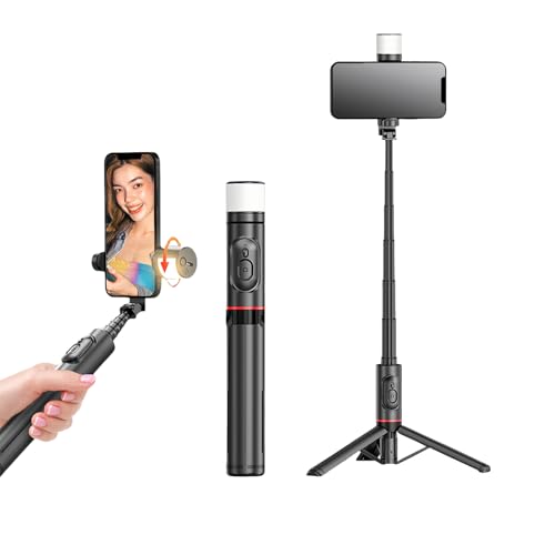 SESDOS Selfie Stick Tripod, All in One Extendable Phone Tripod Stand with Fill Light Bluetooth Remote Lightweight and Portable for iPhone and Android Vlogging, Live Streaming