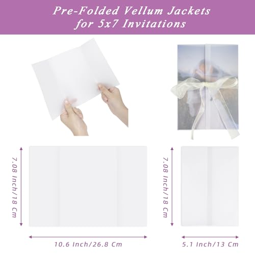 100 Pack Pre-Folded Vellum Jackets for 5x7 Invitations, 115 GSM Translucent Vellum Paper 5x7 Invitation Sleeves, Wedding Invitation Wraps for Weddings, Birthdays, Baby Showers by LazyMe - Image 2