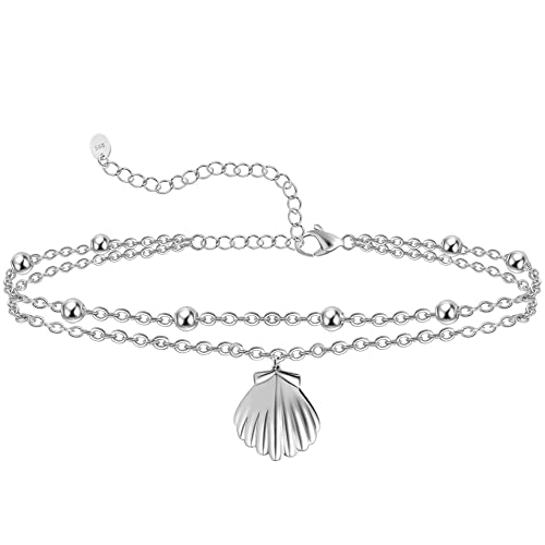 Chic & Artsy Scallop Shell Anklet 925 Sterling Silver Scallop Shell Ankle Bracelet Adjustable 11 Inches Boho Layered Foot Anklet For Women Beach Double Chain Anklet #TOP7