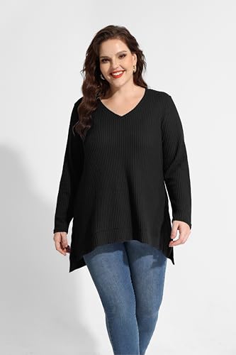 Image of RITERA Plus Size Women Sweaters Waffle Knit Pullover Top Long Sleeve Casual Crewneck Shirt Loose Split Hem Fall Winter Blouse