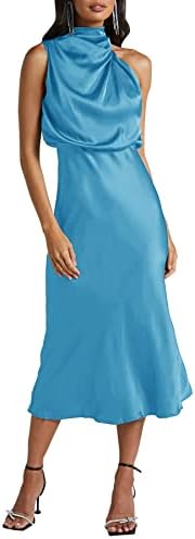 Ferlema Womens Formal Satin Dress Mock Neck Keyhole Sleeveless Wedding Guest Party Cocktail Maxi Dress Sky Blue Small