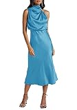 Ferlema Womens Formal Satin Dress Mock Neck Keyhole Sleeveless Wedding Guest Party Cocktail Maxi Dre