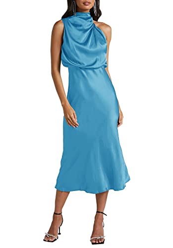 Ferlema Womens Formal Satin Dress Mock Neck Keyhole Sleeveless Wedding Guest Party Cocktail Maxi Dress Sky Blue Small #TOP9