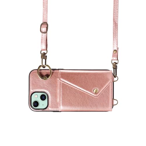 Étui portefeuille cuir iPhone 15 Plus or rose antichoc mince