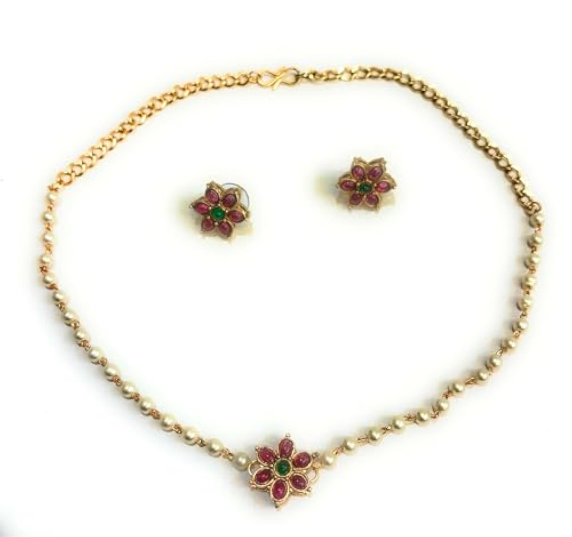 Emerald Green & Ruby Temple Jewellery Necklace Set