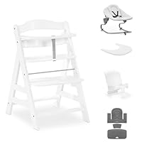 hauck Alpha+ Premium Bundle, Beech White - Wooden High Chair from Birth to 99 Years - Grow Along Highchair with Reclining Newborn Bouncer, Baby Seat Reducer, Seat Pad and Click On Tray