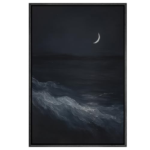 SIGNWIN Framed Canvas Print Wall Art Moonlit Ocean Night Scene Serene Dark Blue Seascape Photography Modern Art Rustic Zen Relax/Calm for Living Room, Bedroom, Office - 16"x24" BLACK