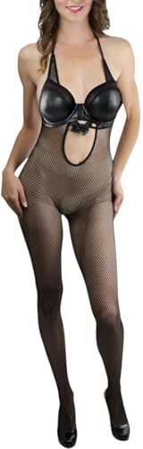 Image of ToBeInStyle Women's Bodystocking Crotchless Peek-A-Boo Fishnet Lace Bodysuit